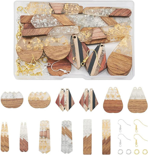 FASHEWELRY 24Pcs Gold Foil Resin Wood Earring Charms Teardrop Drop Rectangle Wooden Earring Blanks Geometry Boho Charms Wooden Earring Pieces for ...