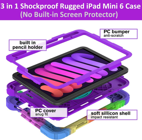 BMOUO iPad Mini 6 Case, iPad Mini 6th Generation Case, iPad Mini 6 Case 2021, Rugged Shockproof 360°Rotating Stand Hand Strap Pencil Holder Kids C...