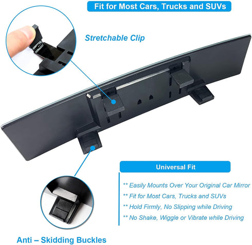 Kitbest Panoramic Rearview Mirror, 12 Inch Universal Clip On, Wide Angle, Frameless Extended, Car Mirror Clear Tint Convex for Cars, SUV, Trucks...
