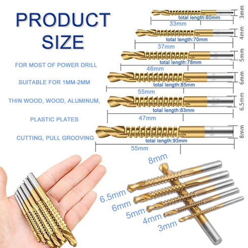 Titanium Coated HSS Twist Drill Bits - 6pcs 3-8mm Serrated Grooving Cutting Carpenter Side Cutting Tap Spiral Saw Drill Bit Woodworking Wood Metal...