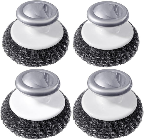 Stainless Steel Wool Scrubber with Handle, Heavy Duty Dish Scrubber, Steel Brush for Cleaning Pots, Pans, Grills, Sink (4 Pack)...