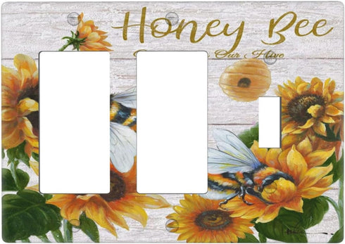 Rustic Wooden Sunflower Bee Oil Painting 3-Gang WallPlate Decorative Combination Single Toggle/Double Decorator Rocker Outlet Wall Switchplate Ele...