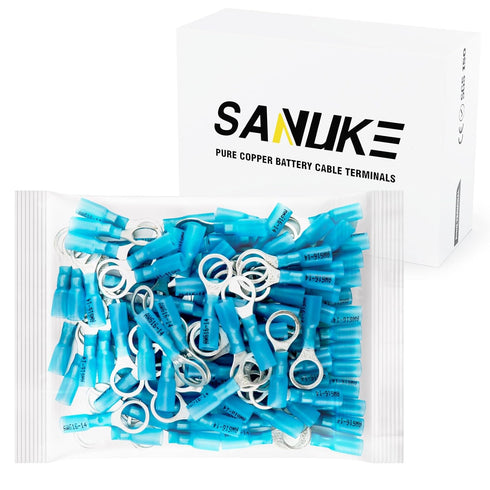 Sanuke 16-14 AWG - 3/8" Heat Shrink Ring Terminals Tinned-Copper Marine Grade Waterproof Heat Shrink Wire Connectors Blue 105pcs...