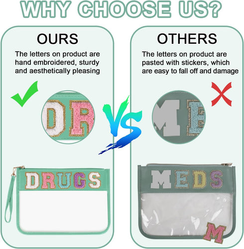 Iqimott Chenille Letter Patch Bag Clear MEDS Drugs Pouch, Preppy Portable Cosmetic Makeup Bag for Women Girls Travel, Waterproof Nylon Zipper Toil...