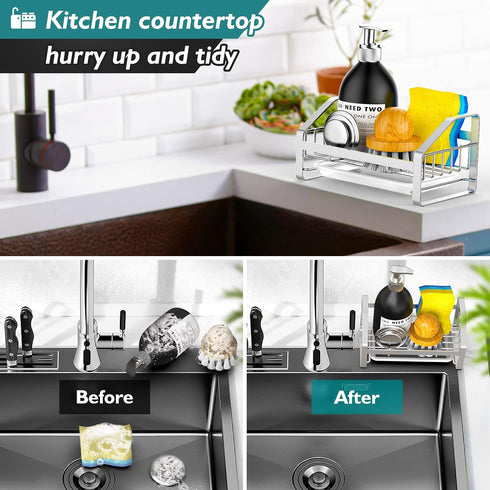 Sink Caddy, Sponge Holder for Kitchen Sink, Kitchen Bathroom Sink Organizer, 304 Stainless Steel Kitchen Countertop Organizer Soap Tray with Remov...