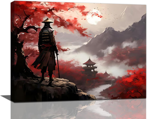 Japanese Bushido Wall Art Red Samurai Pictures Wall Decor Ancient Japan Warrior Canvas Asian Landscape Painting Home Decoration Artwork for Bathro...