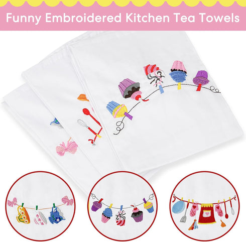 3 PCS White Embroidered Tea Towels, Napkins for Kitchen & Pantry, Tea Towels for Baking Sourdough, Tablecloths, Dishcloths for Cooking Tea Bathroo...