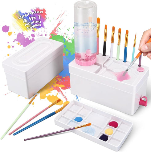 BEFSOP Paint Brush Cleaner, Upgraded 4-in-1 Painting Supplies, Paint Brush Holder with Palette, Brush Rinser for Acrylic, Watercolor Palette, and ...