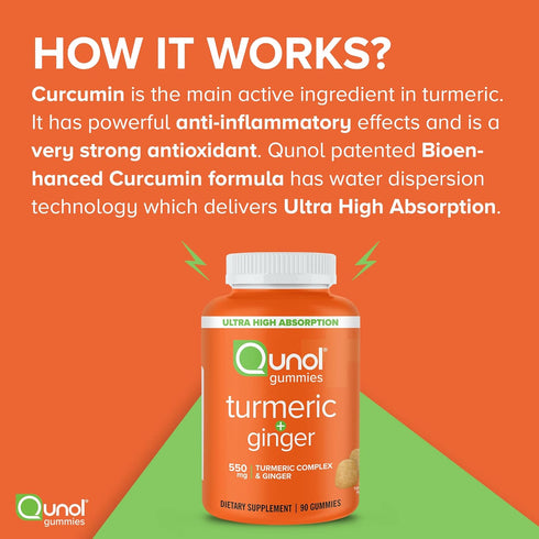 Qunol Turmeric and Ginger Gummies - Joint Support Supplement with Ultra High Absorption, 90 Count Vegan and Gluten Free Gummies...