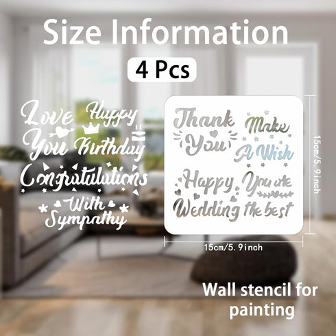 4pcs Blessing Word Wall Stencil Happy Birthday Alphabet Stencils for Crafts Large Letter Stencils for Painting 5.9x5.9" for Painting on Wood Canva...