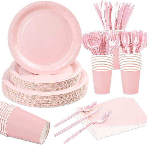 Pink Party Birthday Supplies, Pink Paper Plates Napkins Cups, Disposable Dinnerware Set Serves 25, Pink Plastic Forks Knives Spoon for Wedding Bri...