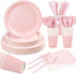 Pink Party Birthday Supplies, Pink Paper Plates Napkins Cups, Disposable Dinnerware Set Serves 25, Pink Plastic Forks Knives Spoon for Wedding Bri...
