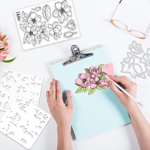 Realistic Magnolia Flower Stamps and Die and Layering Coloring Stencil Bundle for Card Making Album Arts Crafts Supplies...