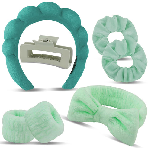 7Pcs Spa Headband and Wristband Set, Face Wash Headband Makeup Skincare Headband Wrist Bands Thick Puffy Sponge Bubble Headband Wrist Scrunchies C...