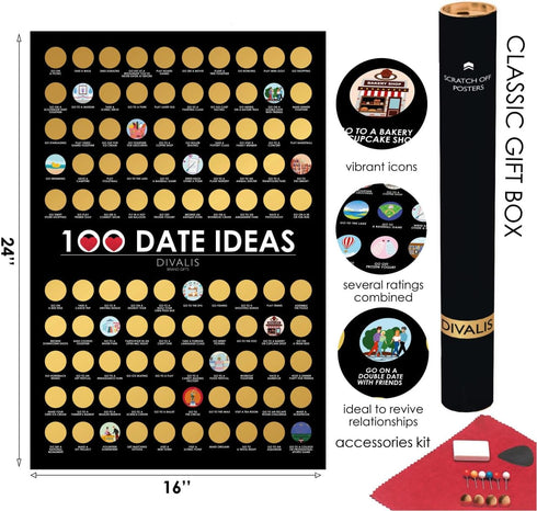 Divalis 100 Dates Scratch off Bucket List - Scratching Adventure Couple Things to Do Poster Scratchable Motivational Archievements Checklist, Blac...