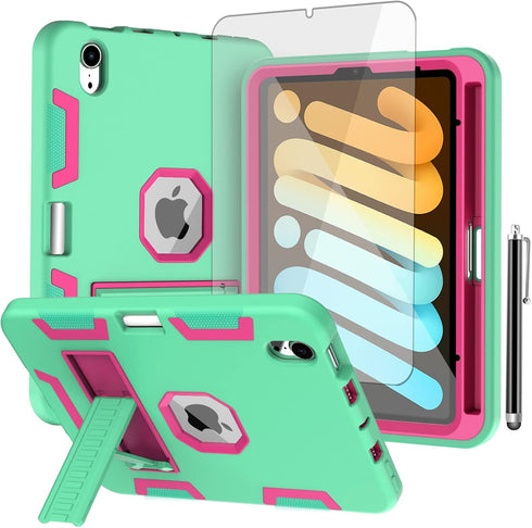 AICase iPad mini 6 (2021) with Screen Protector, Kickstand Shockproof Heavy Duty Resistant Rugged Hybrid Three Layer Full Body Protection Case wit...