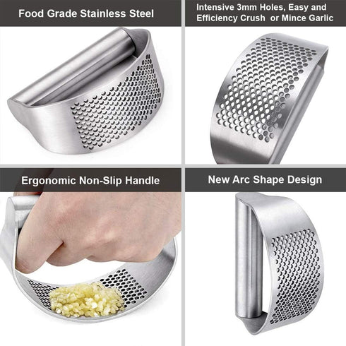 GuDoQi Garlic Press Rocker, Stainless Steel Garlic Mincer Garlic Crusher, Garlic Chooper with Peeler and Scraper Brush, Garlic Press with Ergonomi...