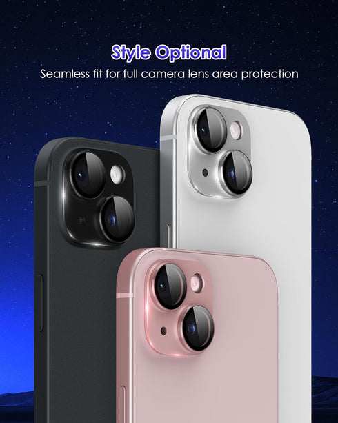 for iPhone 15 Plus/iPhone 15 Camera Lens Protector Metal Plus Aluminium Alloy Ring 9H Tempered Glass Screen Case Friendly Camera Cover for iPhone ...