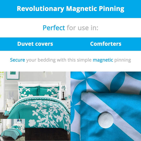 White Cloth Magnetic Duvet Clips with Magnetic Key for Easy Removal. Pack of 16 Comforter Fasteners That are Safe Locking and Holds up to 10lbs...