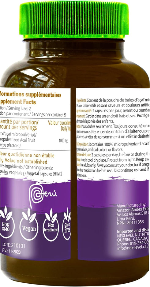 Amazon Andes Acai/Açai Berry Capsules (Euterpe oleracea) – Rich Source of antioxidant, Vitamin C & Fibers - Support Immune System - Gluten Free, N...