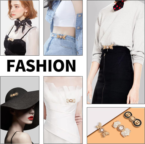 3 Sets Waist Tightener Clip, Metal Adjustable Waist Buckle for Women Pearl Floral Sewing Jean Buttons Pins Stylish Waist Adjuster Clips for Dresse...