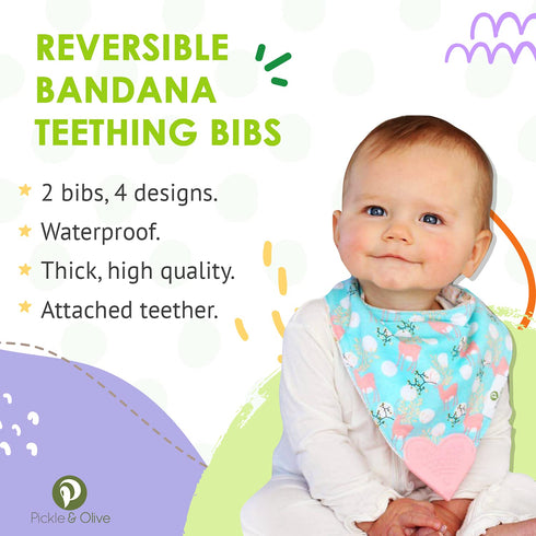 Reversible Baby Teething Bibs - Attached Pink Heart Teether - Boho Antler - Set of 2...