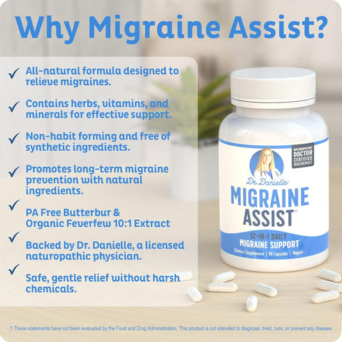 Best Migraine Relief Product with Magnesium - Migraine Assist Supplement with Quercetin, Feverfew, Butterbur, CoQ10 from Dr. Danielle, 90 Capsules...