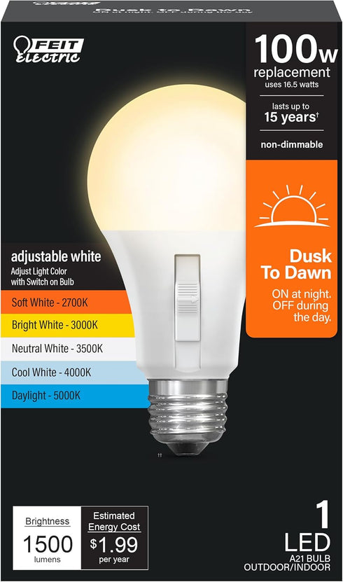 Feit Electric LED Dusk-to-Dawn Light Bulb, A21 100W Equivalent, 5CCT, Non-Dimmable, E26 Base, 90 CRI, 1500 Lumens, Standard Light Bulb with Switch...