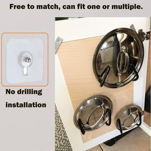 2 Pack Pot Lid Organizer Rack, Black Pot Lids Holder for Cabinet Door/Wall, No Drilling Adhesive Wall/Door Mounted Rustproof Pot and Pan Cover for...