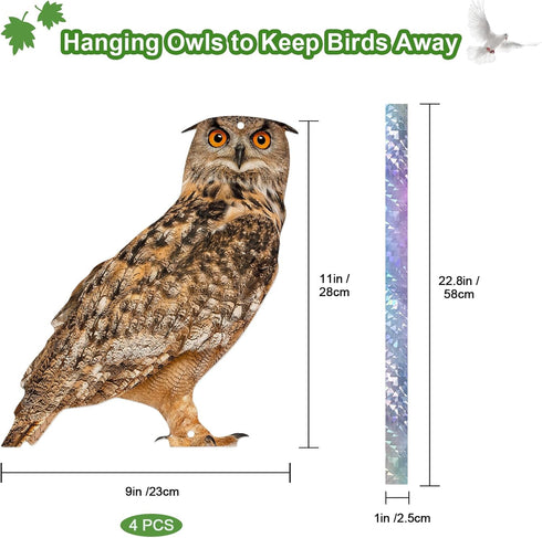 Owls to Keep Birds Away, 4 Pack Fake Owls with Reflective Tape for Garden Tree, Bird Scare Reflective Hanging Decoration to Keep Birds Pigeon from...