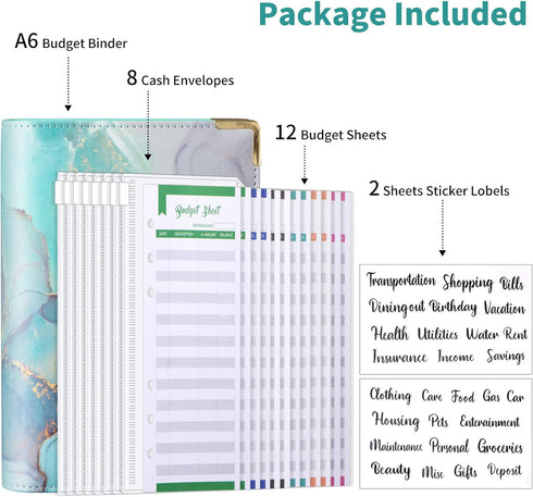 Budget Binder, A6 Marble PU Leather Binder, Money Organizer Budget Planner with 8 Zipper Cash Envelopes, 12 Expense Budget Sheets & 2 Letter Label...