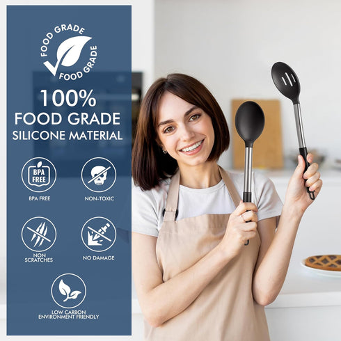 HOTEC Heat Resistant Large Silicone Cooking Spoon, Solid Slotted Spoons, Nonstick Kitchen Cookware Utensils, Mixing, Serving, Stiring Large Spoons...