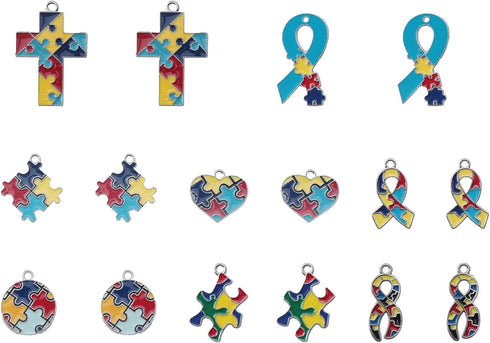 sowaka 16 Pcs Autism Awareness Charms with Hole Enamel Puzzle Heart Cross Circle Ribbon Shape Pendants for Jewelry Making Kits Necklace Bracelet E...