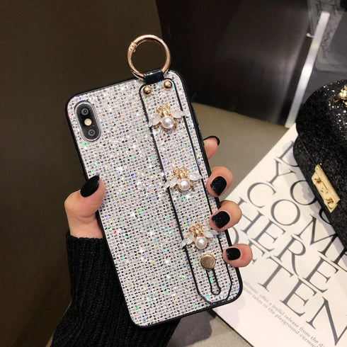 aowner iPhone 13 Pro Max Silver Glitter Bee Case with Stand, Strap & Diamond Wrist Bracket - 6.7 Inch, Shockproof...