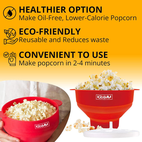 Silicone Microwave Popcorn Popper | KRAMM Popcorn Bowl - Collapsible Bowl with Lid, No Oil Required, BPA-Free, Heat Resistant, Dishwasher Safe - P...