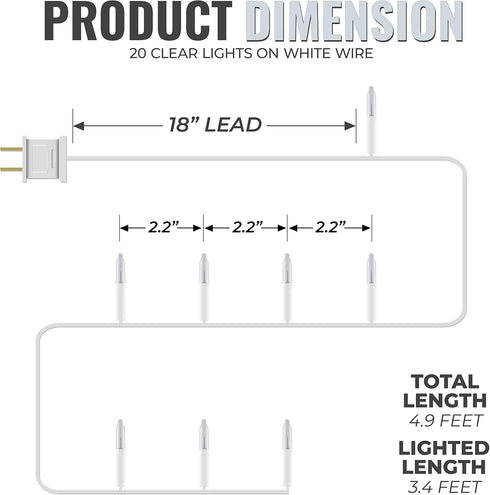 612 Vermont Clear 20 Count Christmas String Lights on White Wire Cord, UL Approved for Indoor Use Only, Total Length 4.9 Foot, Lighted Length 3.4 ...