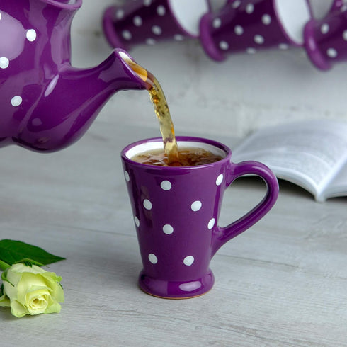 City to Cottage Handmade Purple and White Polka Dot Ceramic Coffee, Tea, Latte Mug, Cup with Large Handle, Unique 7 oz / 200ml Designer Pottery Gi...