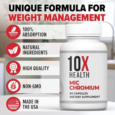 10X Health MIC Chromium Supplement with Choline, Inositol & L Methionine - 60 Capsules...