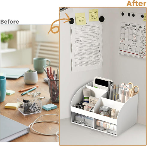 Desk Organizer, Desktop Organizers and Accessories with 6 Compartments and 2 Drawers, Aesthetic Desk Accessories for Home, Office, School...