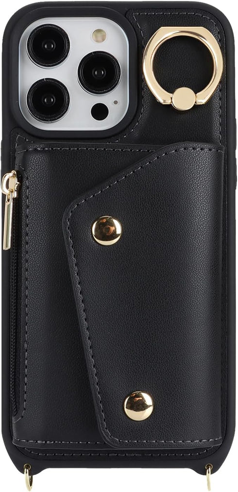 for iPhone 12 Pro Max Case with Card Holder and Strap - Zipper Pocket,Crossbody Lanyard Strap,Credit Card Holder,Stand Ring,Cute Phone Wallet Case...