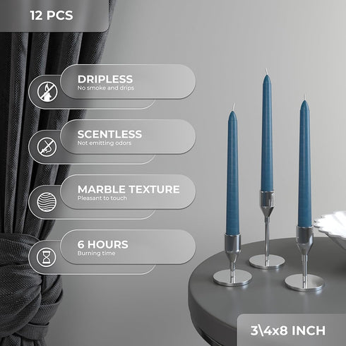 CANDWAX 8 inch Tapered Candles - Set of 12 Dripless Dinner Candles - Dark Blue...
