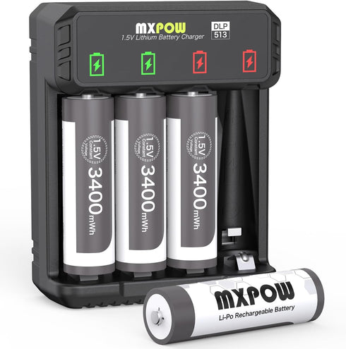Rechargeable Batteries AA Lithium 1.5V 3400mWh,AA Lithium Rechargeable Batteries 4 Count 1500 Cycle with Smart Charger...