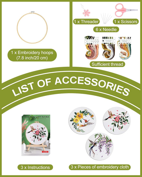 Santune 3 Sets Embroidery kit for Beginners Adults,Stamped Hummingbird Patterns,Cross Stitch Kits Including Clear Instructions,Video Tutorials,Hoo...