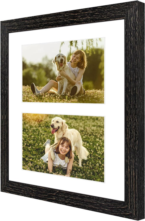 Golden State Art, 8x10 Distressed Black Collage Picture Frame - White Mat for (2) 4x6 Pictures - Wood Molding - Easel Stand for Tabletop - D-Rings...