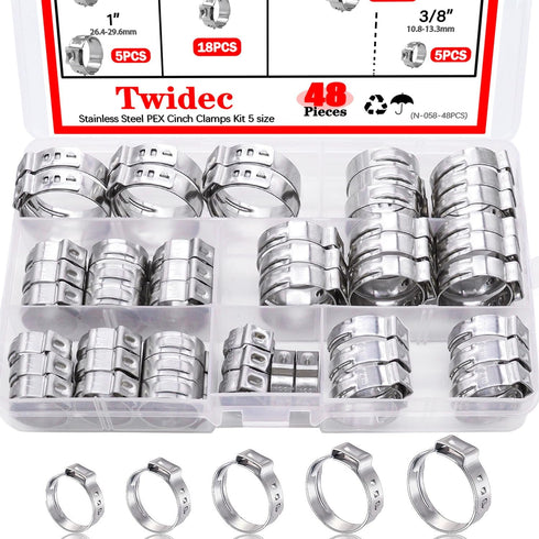Twidec/48PCS 3/8",1/2",3/4",5/8",1" PEX Cinch Clamps Kit 5 size,Stainless Steel Pex Crimp Rings,Single Ear Hose Clamps For Pex Pipe Fitting Connec...