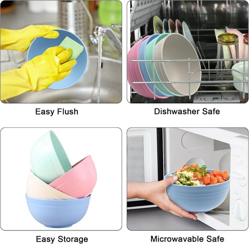 Wheat Straw Bowls, Unbreakable Cereal Bowl with Lid Set of 4 Microwave Safe Bowls for Rice Soup Oatmeal Ramen 24oz Reusable Cereal Bowls for Kitch...