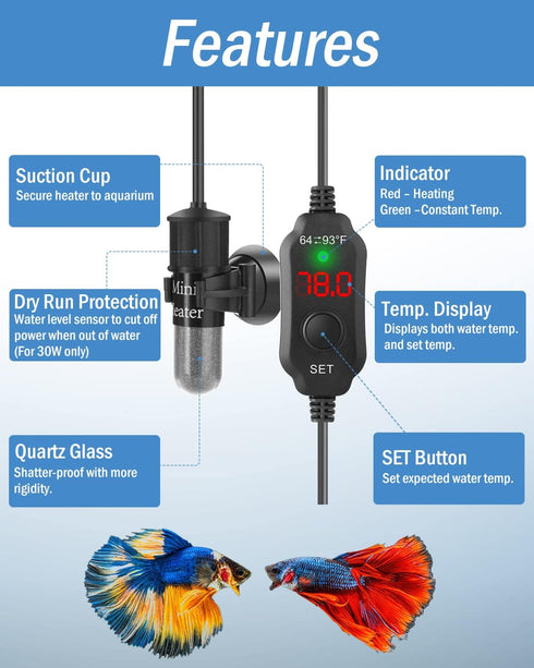 AquaMiracle Adjustable 20W Small Aquarium Heater Submersible Fish Tank Heater Betta Heater Turtle Heater Super Mini Aquarium Heater with Digital D...