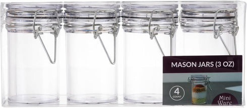 MiniWare Clear Plastic Mason Jar (Pack Of 4) - 3 Oz. - Chic Design, Perfect for Parties, Events, Food Storage, Party Favors, DIY Crafts, & More...