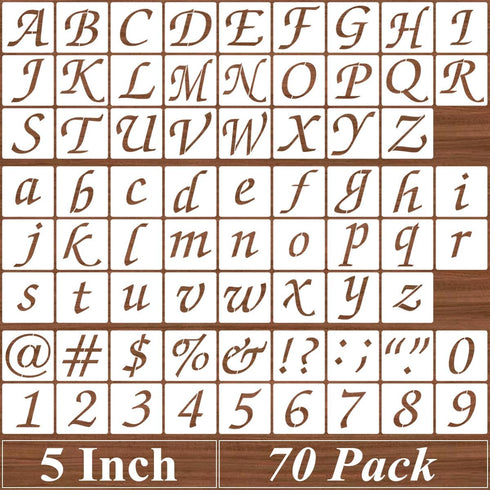 5 Inch Alphabet Letter Stencils - 70 Pack Letter Number Stencil Templates with Signs for Painting on Wood, Reusable Calligraphy Letters Stencils f...
