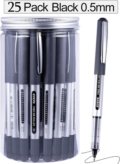 Bullet Tip Rollerball Pens, 25 Pack Black Liquid Ink Rollerball Pens, Fine Point Pens 0.5mm Large Capacity Ink, Quick Drying For Writing Journalin...